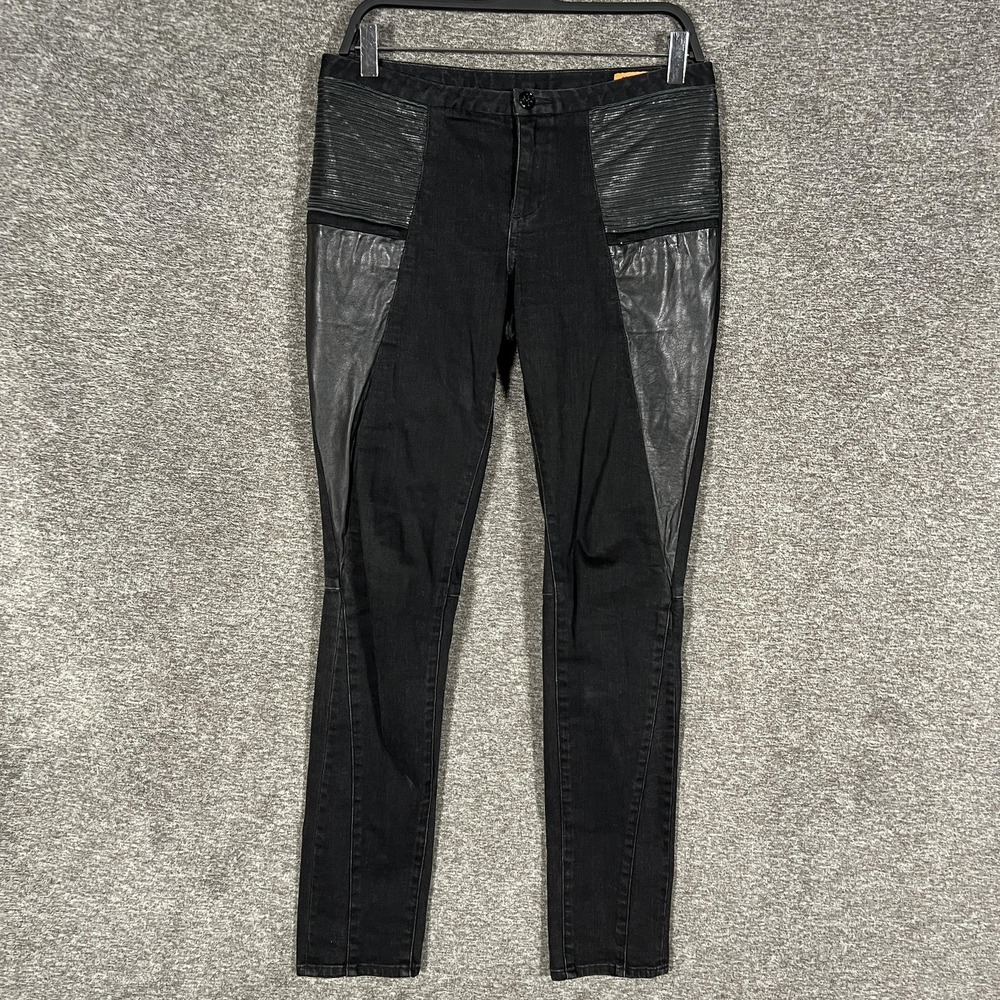 Tory Burch Denim Leggings Womens 27 Black Leather Panel Moto Zip Ankle‎ Stretch
